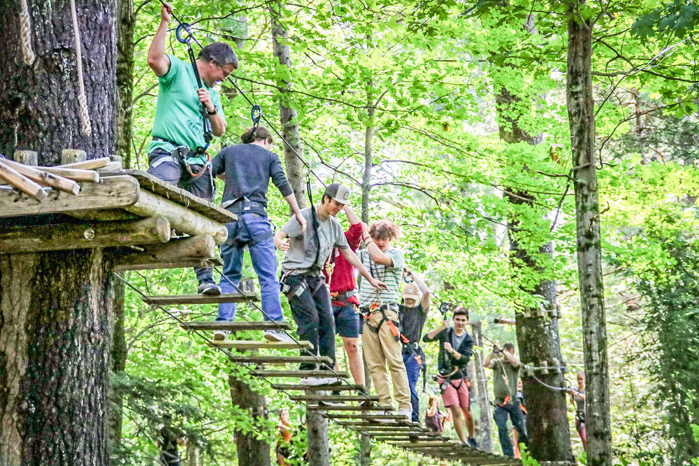 group of people traversing aerial adventure course